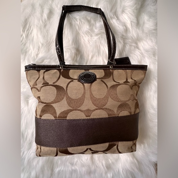 Coach Signature Stripe Tote Bag Brown and Tan Classic Style - Picture 1 of 15
